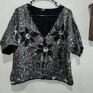 GUNIT Vintage Silk Beaded Sequin Floral Festival Top